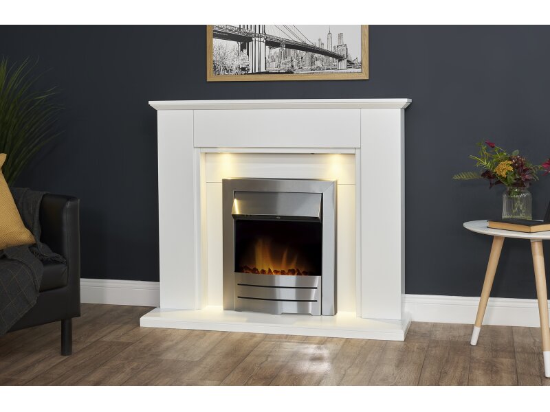 Adam Eltham Fireplace in Pure White with Downlights & Colorado Electric Fire in Brushed Steel, 45 Inch