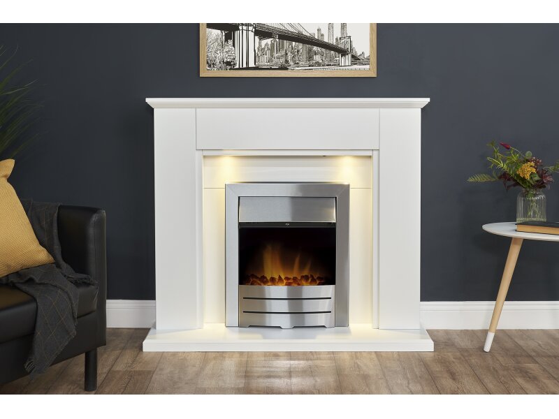 Adam Eltham Fireplace in Pure White with Downlights & Colorado Electric Fire in Brushed Steel, 45 Inch