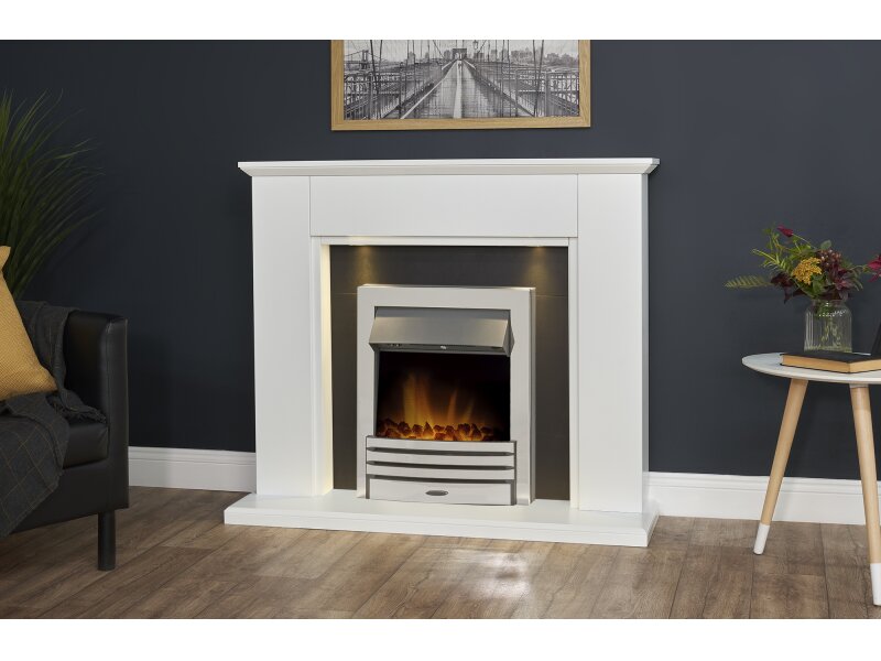 Adam Eltham Fireplace in Pure White & Black with Downlights, 45 Inch