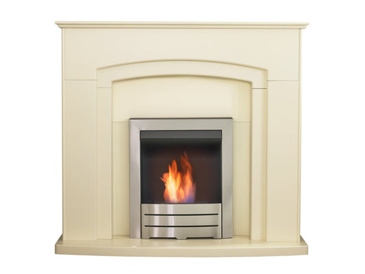 Adam Falmouth Fireplace in Cream with Downlights & Colorado Bio Ethanol Fire in Brushed Steel, 49 Inch