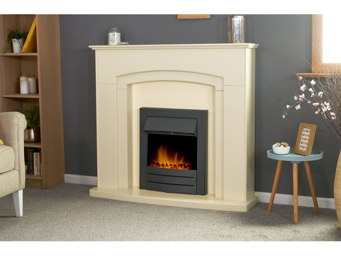 Adam Falmouth Fireplace Cream + Downlights & Colorado Electric Fire Black, 49"