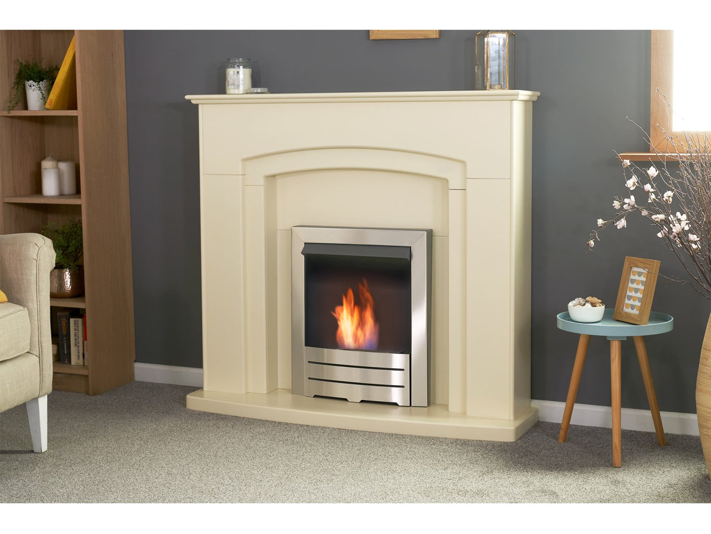 Adam Falmouth Fireplace Cream + Downlights & Colorado Bio Ethanol Fire Brushed Steel, 49"
