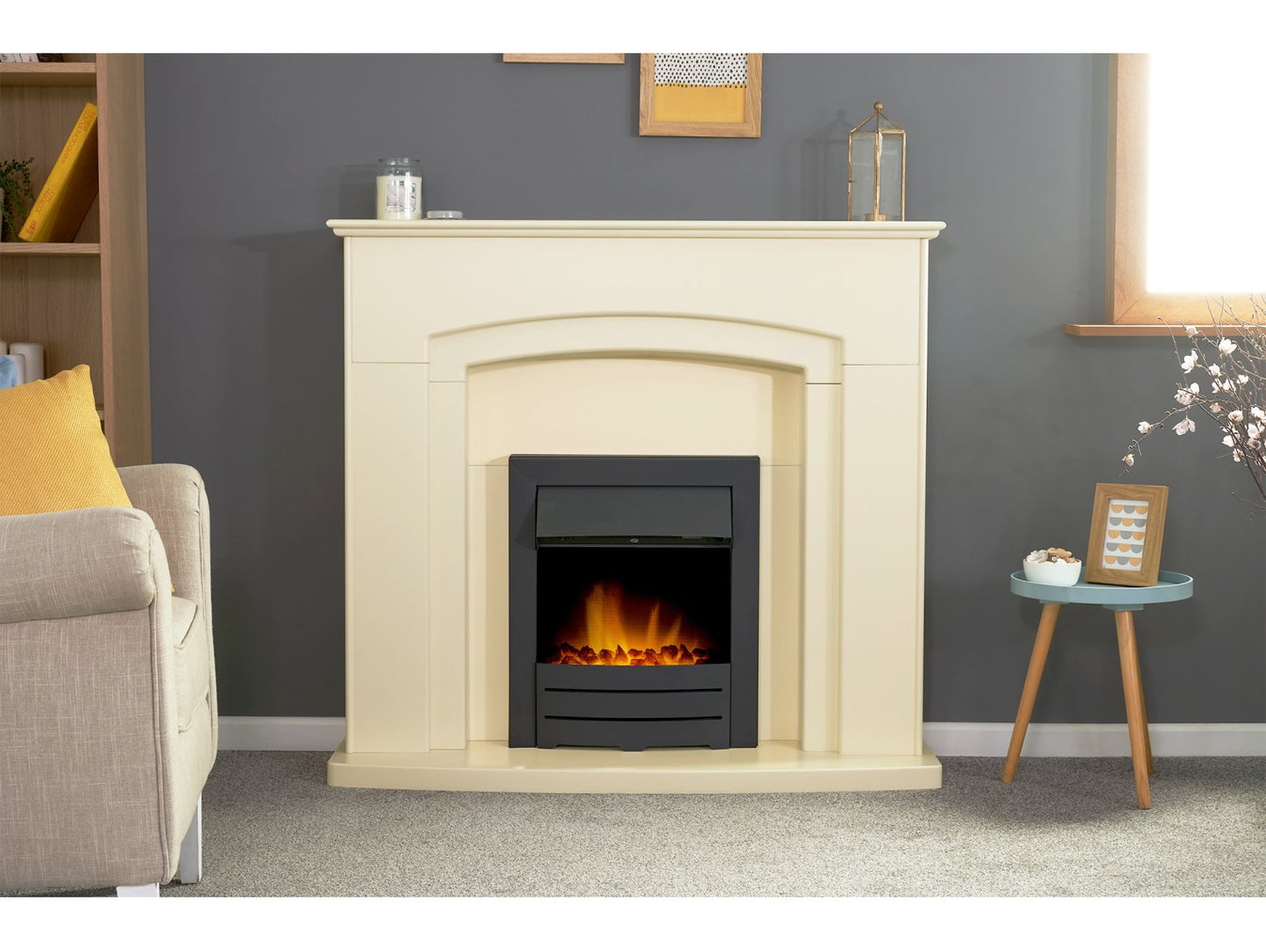 Adam Falmouth Fireplace Cream + Downlights & Colorado Electric Fire Black, 49"