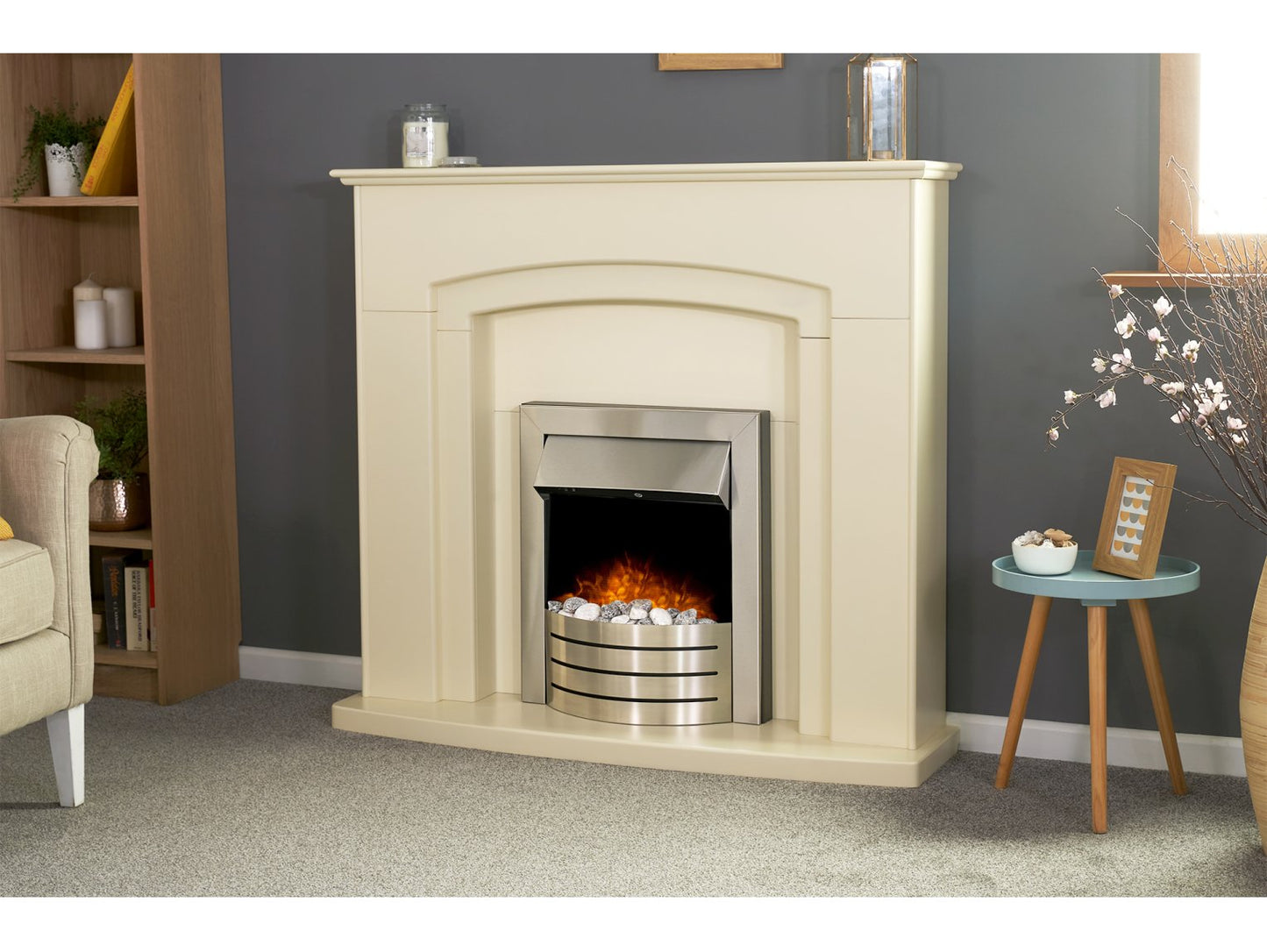 Adam Falmouth Fireplace Cream + Downlights & Comet Electric Fire Brushed Steel, 49"