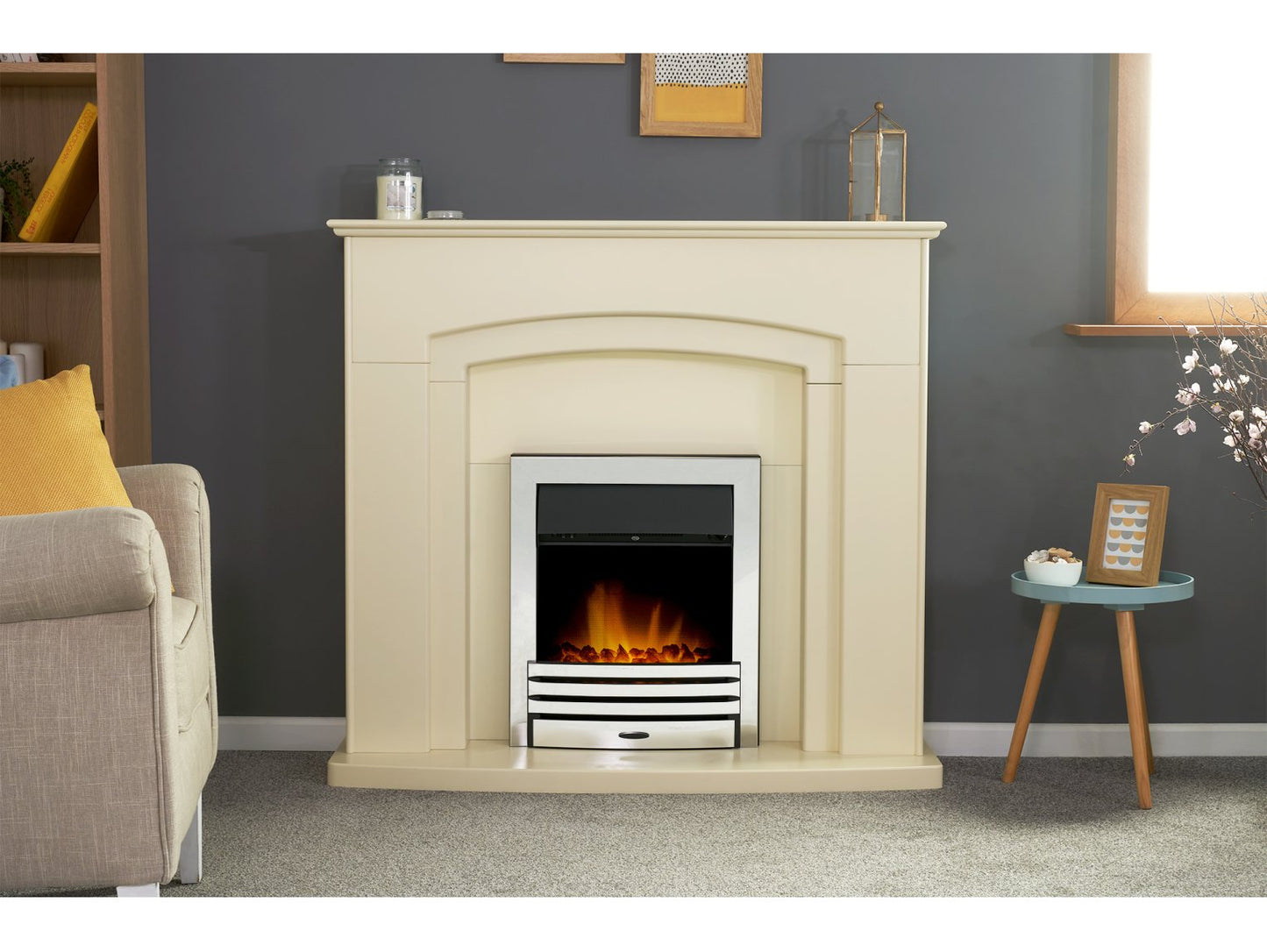 Adam Falmouth Fireplace Cream + Downlights & Eclipse Electric Fire Chrome, 49"
