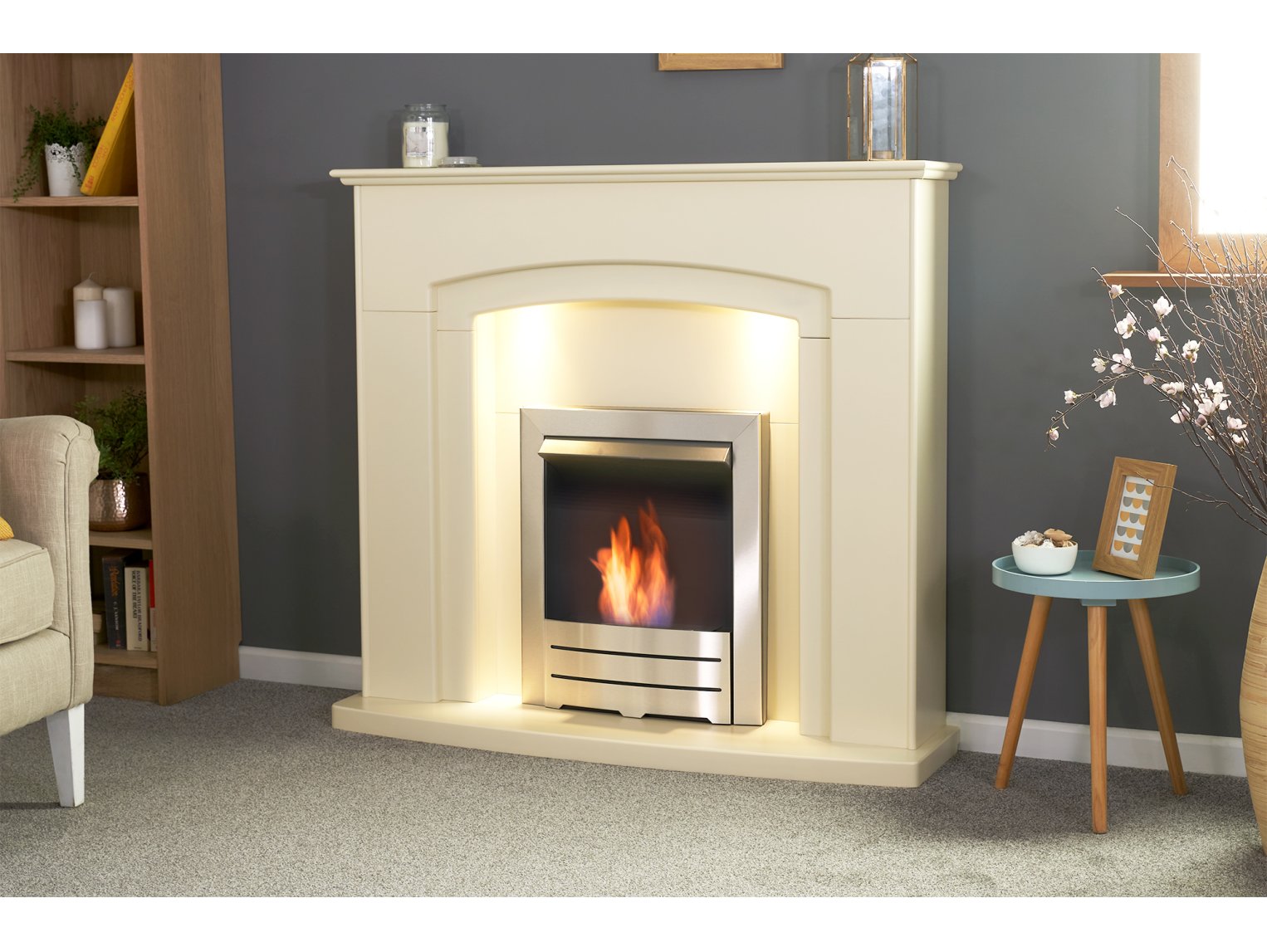 Adam Falmouth Fireplace Cream + Downlights & Colorado Bio Ethanol Fire Brushed Steel, 49"
