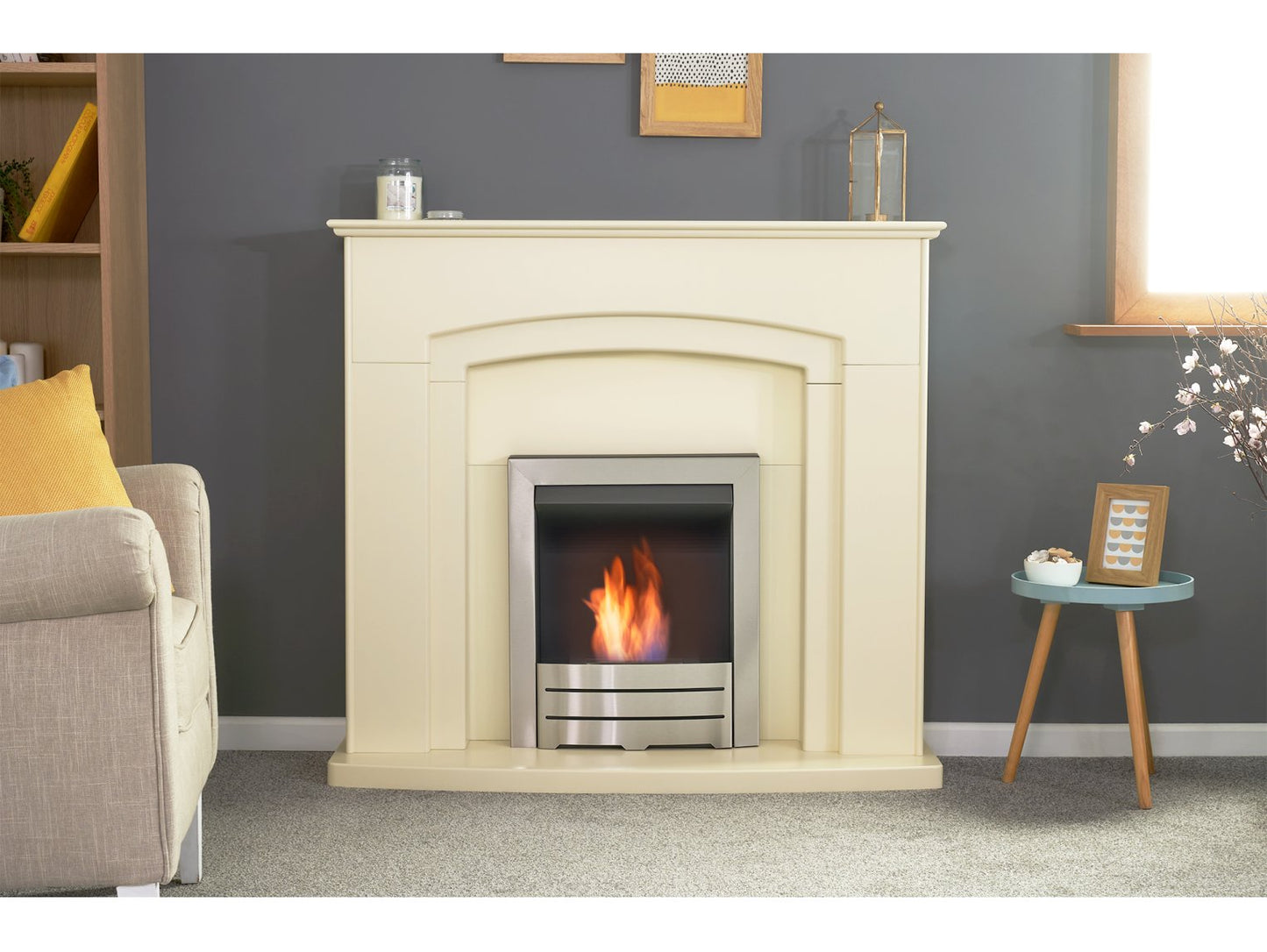 Adam Falmouth Fireplace Cream + Downlights & Colorado Bio Ethanol Fire Brushed Steel, 49"