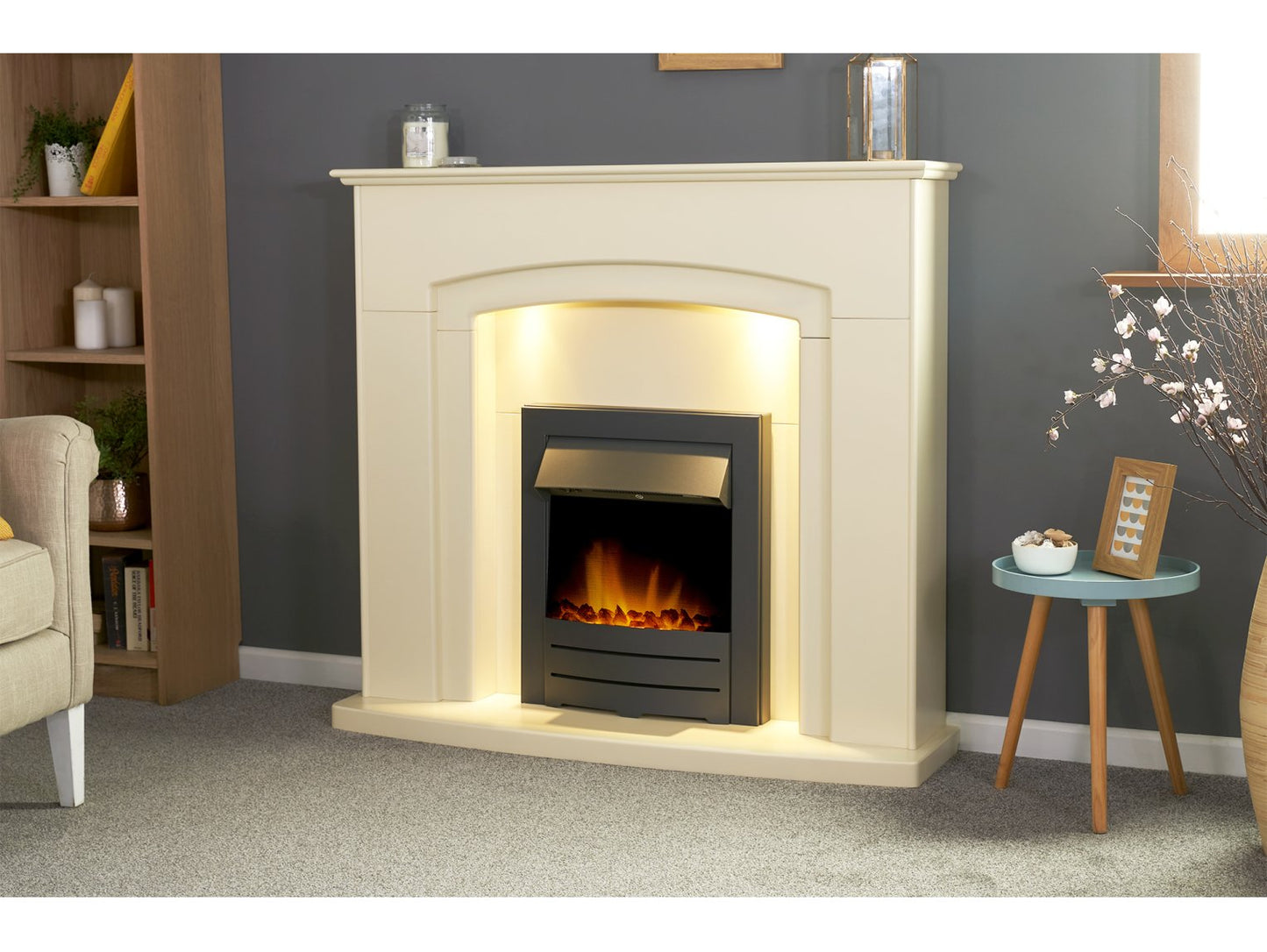 Adam Falmouth Fireplace Cream + Downlights & Colorado Electric Fire Black, 49"
