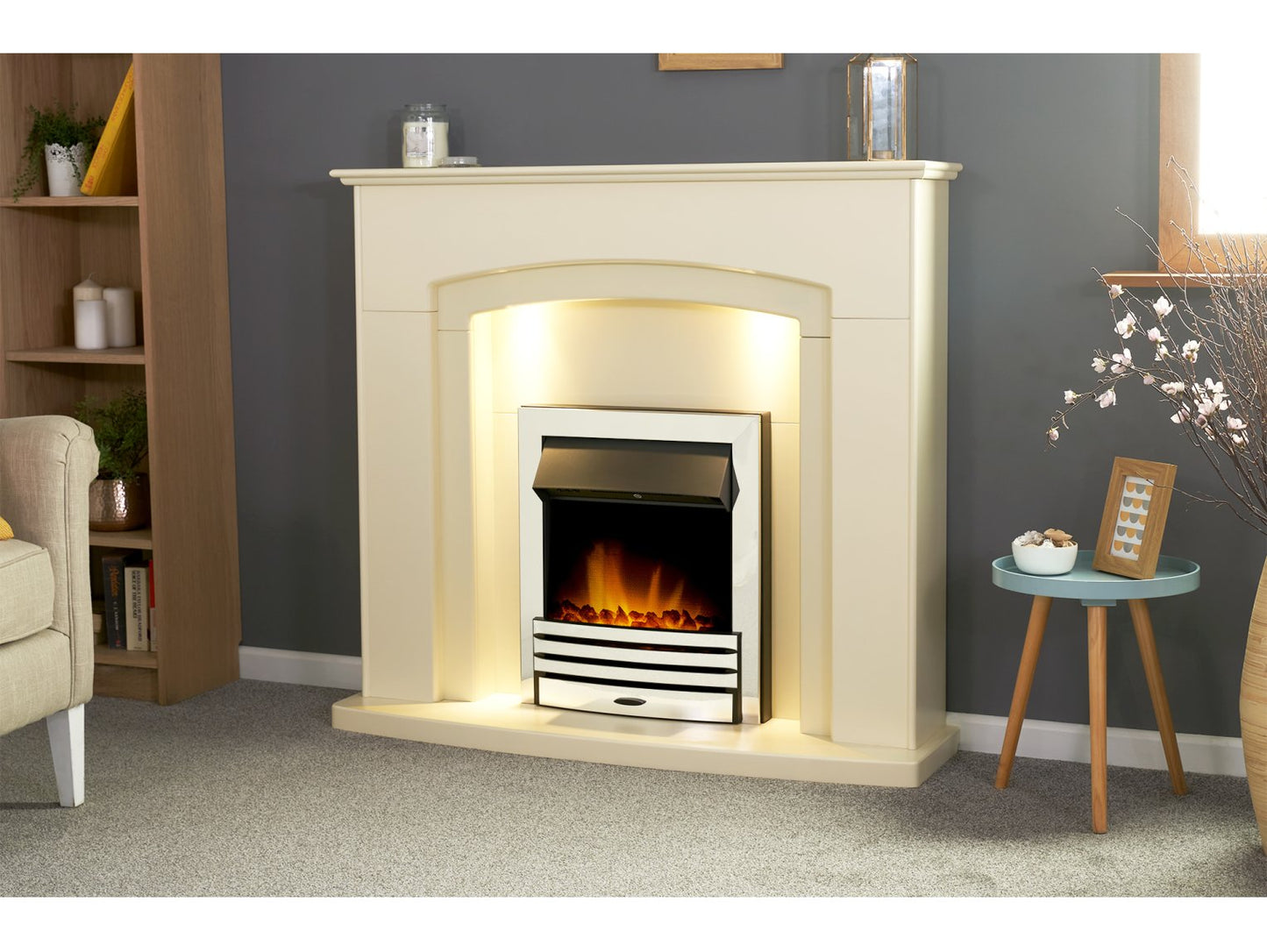 Adam Falmouth Fireplace Cream + Downlights & Eclipse Electric Fire Chrome, 49"