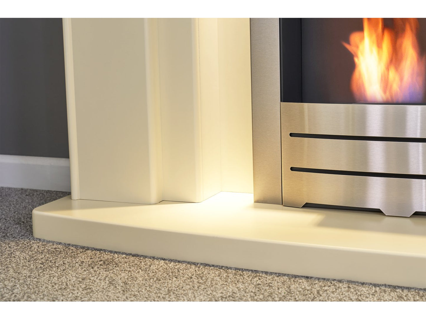 Adam Falmouth Fireplace Cream + Downlights & Colorado Bio Ethanol Fire Brushed Steel, 49"