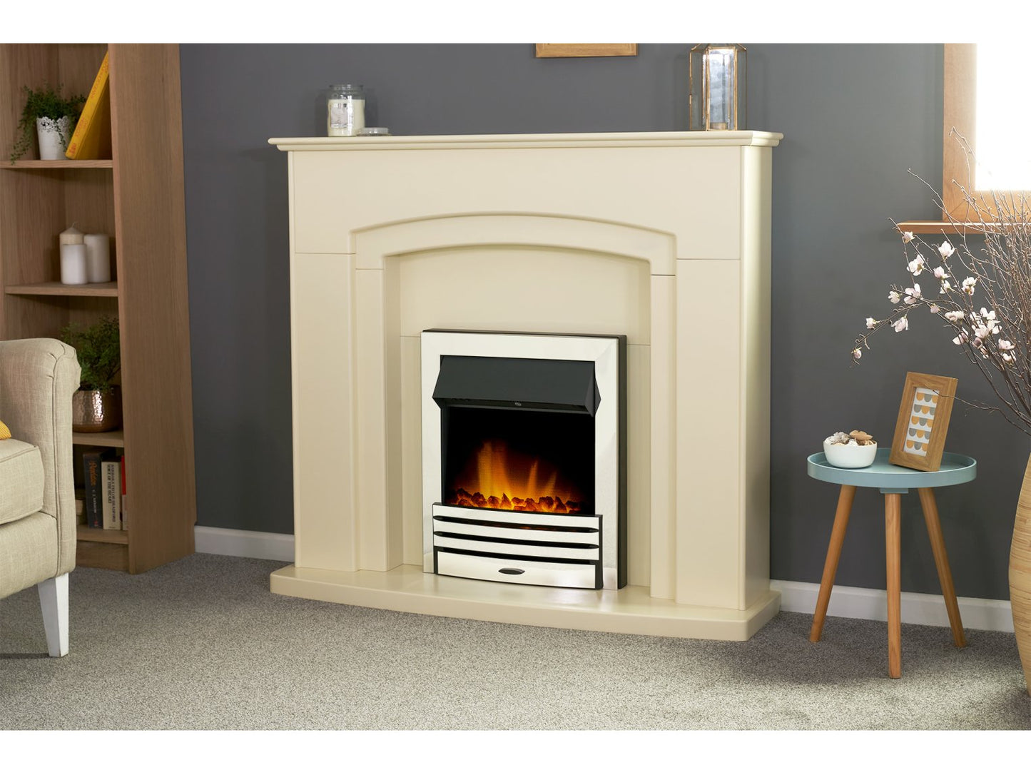 Adam Falmouth Fireplace Cream + Downlights & Eclipse Electric Fire Chrome, 49"