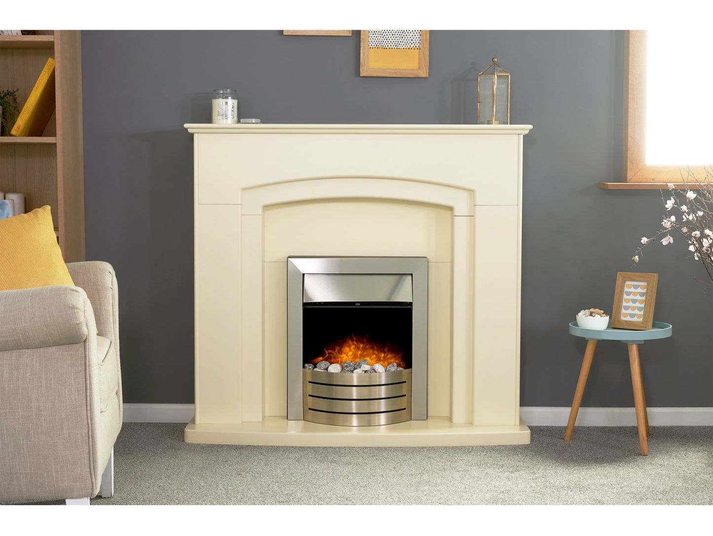 Adam Falmouth Fireplace Cream + Downlights & Comet Electric Fire Brushed Steel, 49"