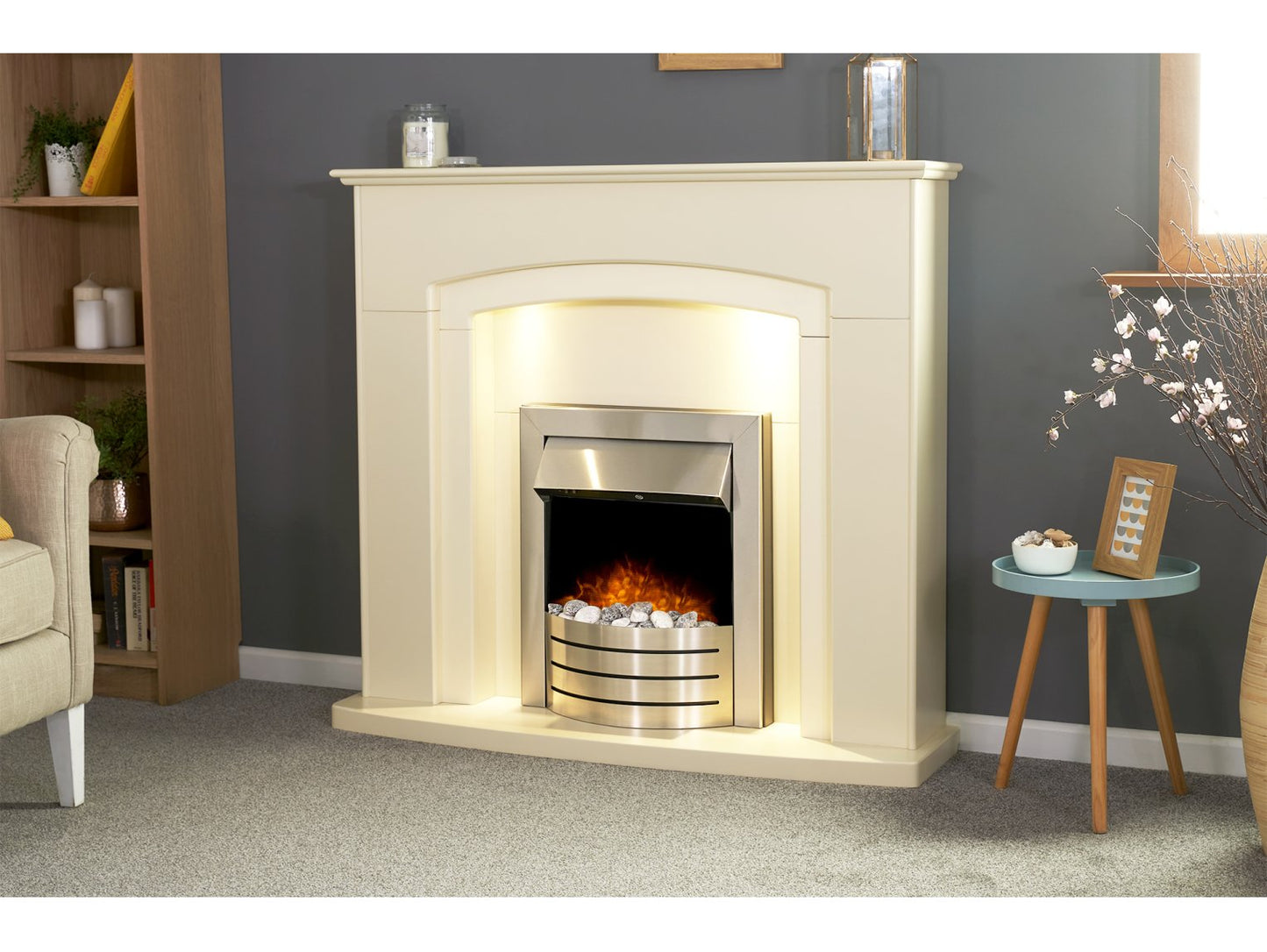 Adam Falmouth Fireplace Cream + Downlights & Comet Electric Fire Brushed Steel, 49"