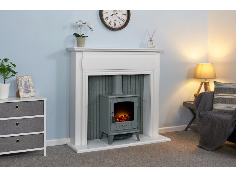 Adam Florence Stove Suite Pure White + Aviemore Electric Stove Grey Enamel, 48"