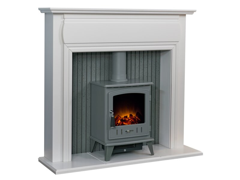 Adam Florence Stove Suite Pure White + Aviemore Electric Stove Grey Enamel, 48"