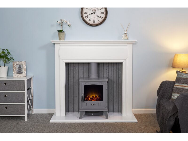 Adam Florence Stove Suite Pure White + Aviemore Electric Stove Grey Enamel, 48"