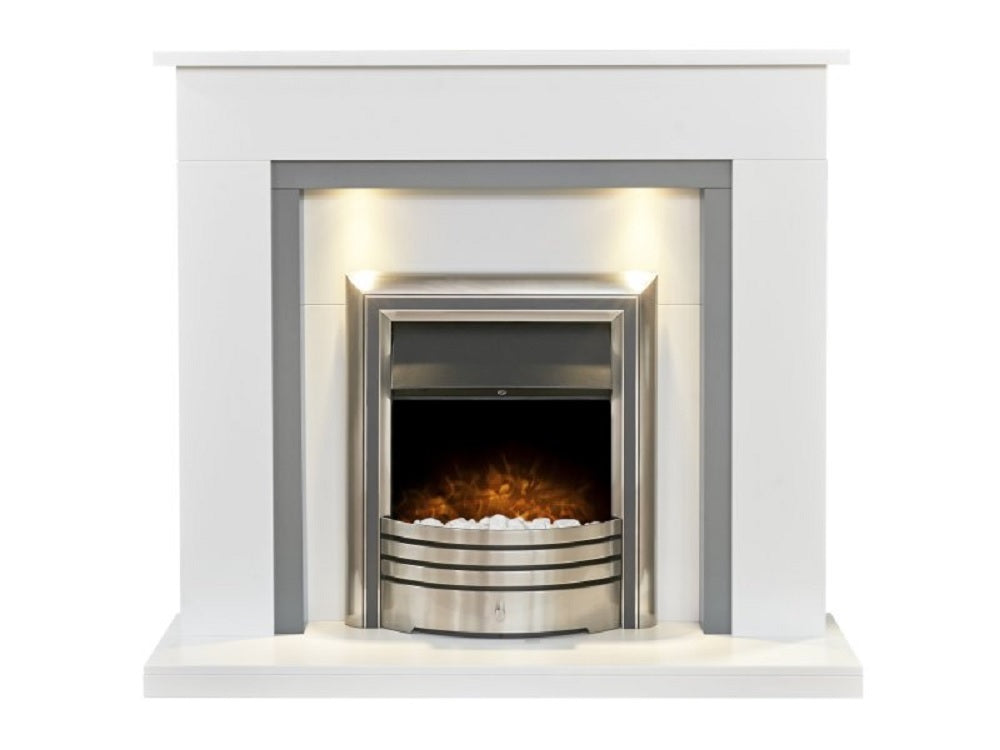 Adam Genoa Fireplace,White & Grey with Downlights & Astralis 6-in-1 Electric Fire in Chrome, 48 Inch