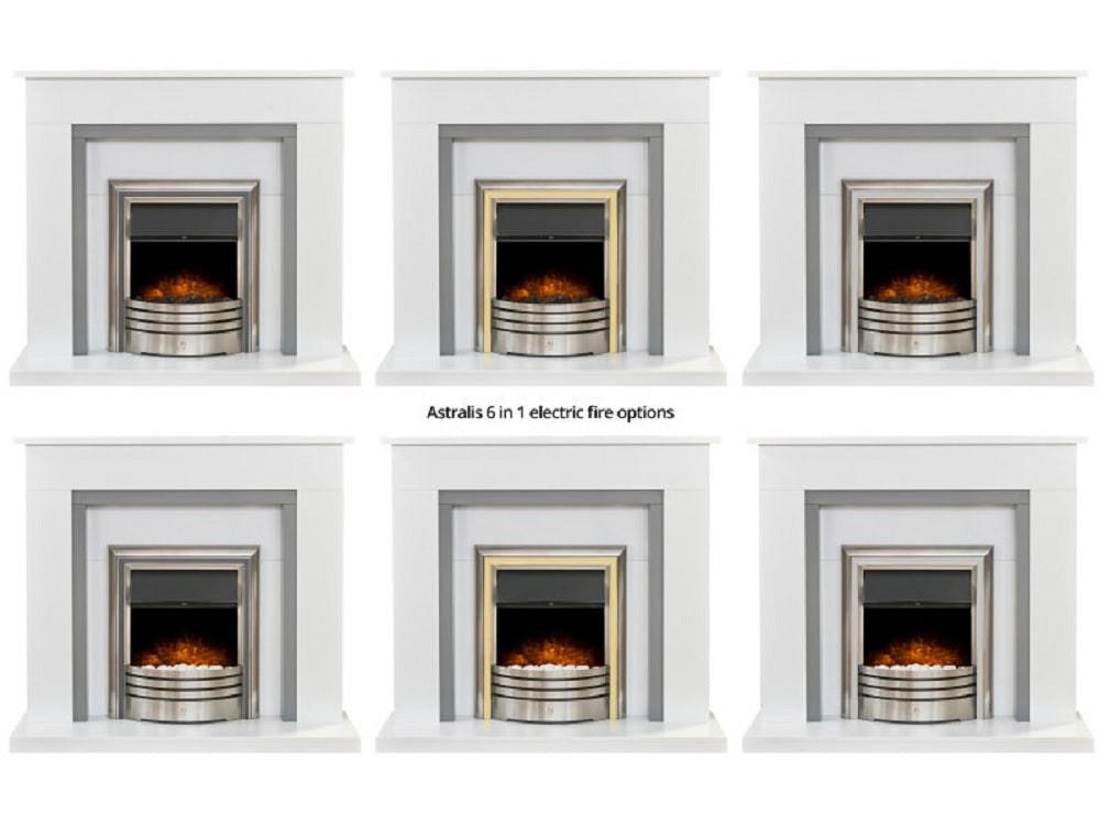 Adam Genoa Fireplace,White & Grey with Downlights & Astralis 6-in-1 Electric Fire in Chrome, 48 Inch
