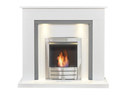 Adam Genoa Fireplace in Pure White & Grey with Downlights & Colorado Bio Ethanol Fire in Brushed Steel, 48 Inch