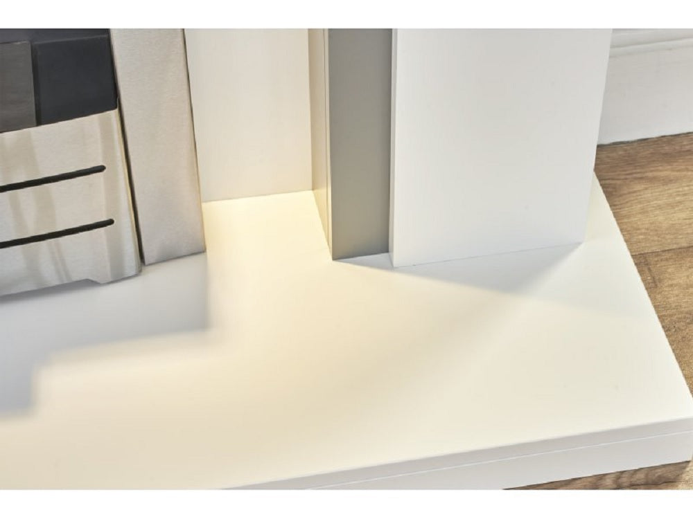 Adam Genoa Fireplace in Pure White & Grey with Downlights & Colorado Bio Ethanol Fire in Brushed Steel, 48 Inch