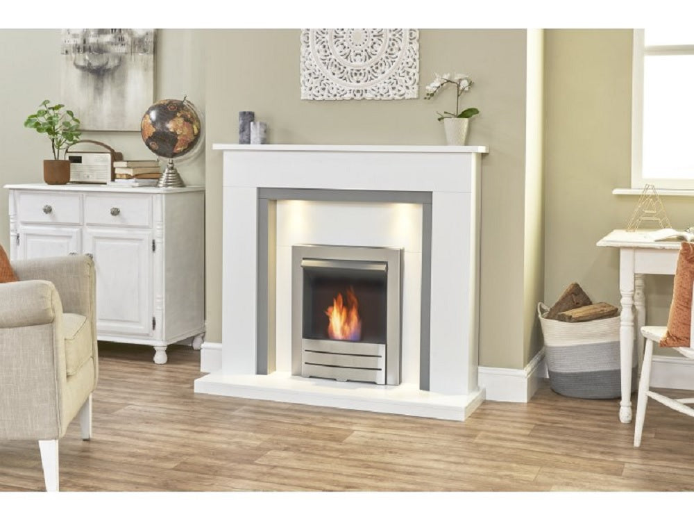 Adam Genoa Fireplace in Pure White & Grey with Downlights & Colorado Bio Ethanol Fire in Brushed Steel, 48 Inch