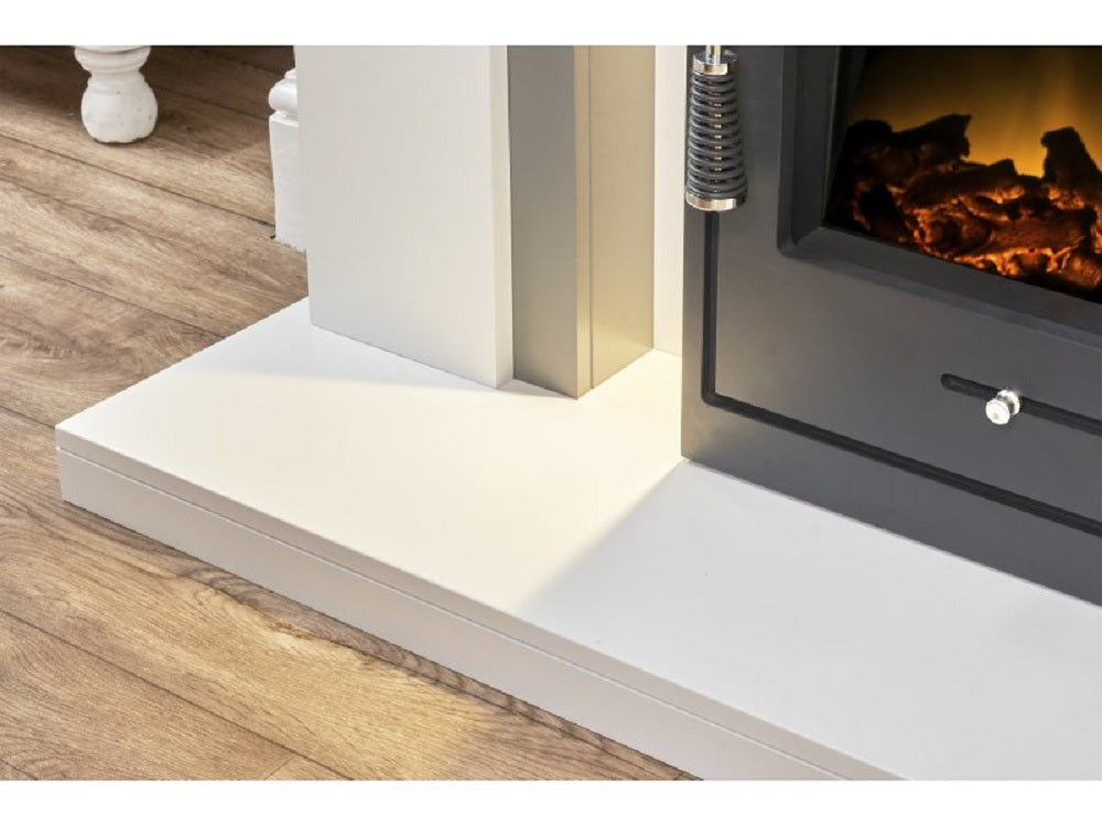 Adam Genoa Fireplace in Pure White & Grey with Downlights & Oslo Electric Inset Stove in Black, 48 Inch
