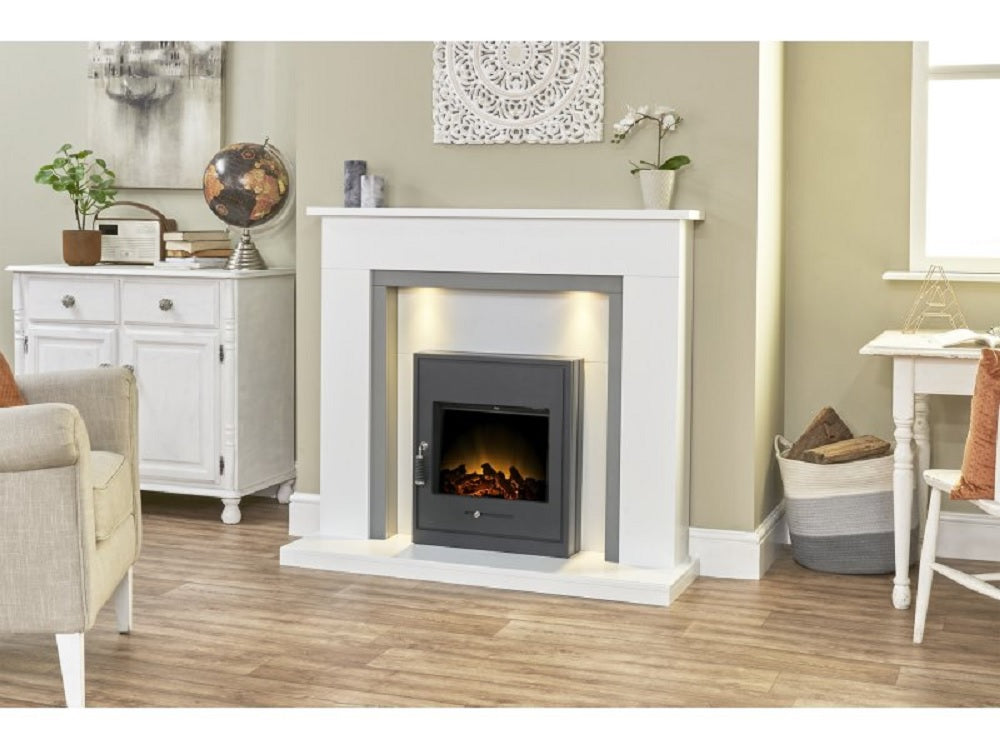 Adam Genoa Fireplace in Pure White & Grey with Downlights & Oslo Electric Inset Stove in Black, 48 Inch