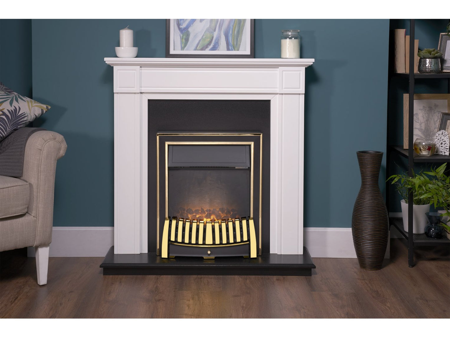 Adam Georgian Fireplace Suite Pure White + Elan Electric Fire Brass, 39"