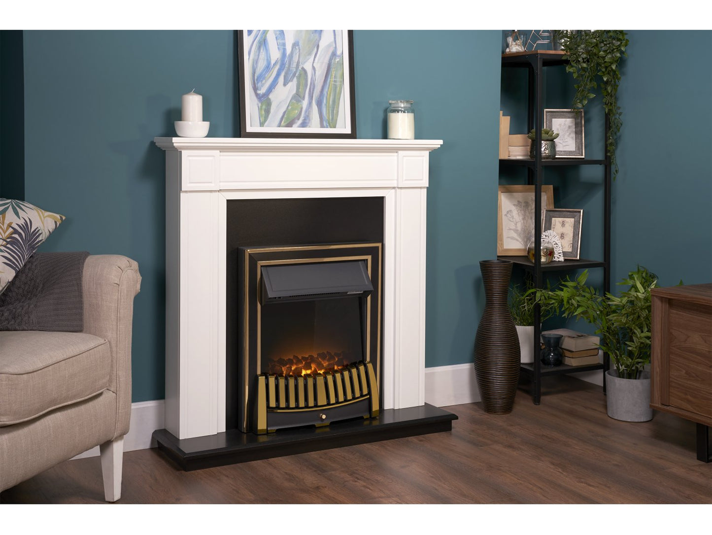 Adam Georgian Fireplace Suite Pure White + Elan Electric Fire Brass, 39"