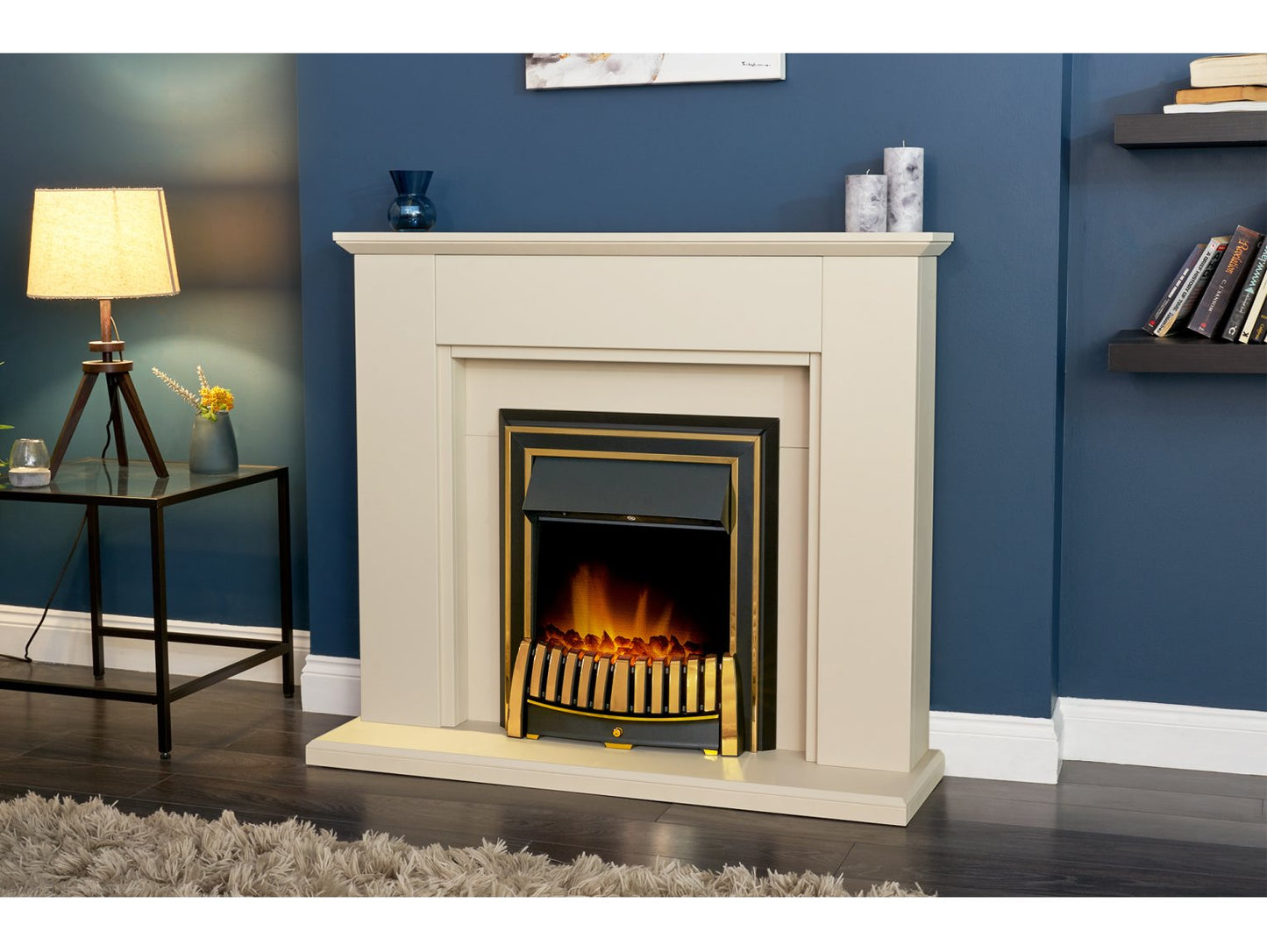 Adam Greenwich Fireplace Stone Effect + Elan Electric Fire Brass, 45"