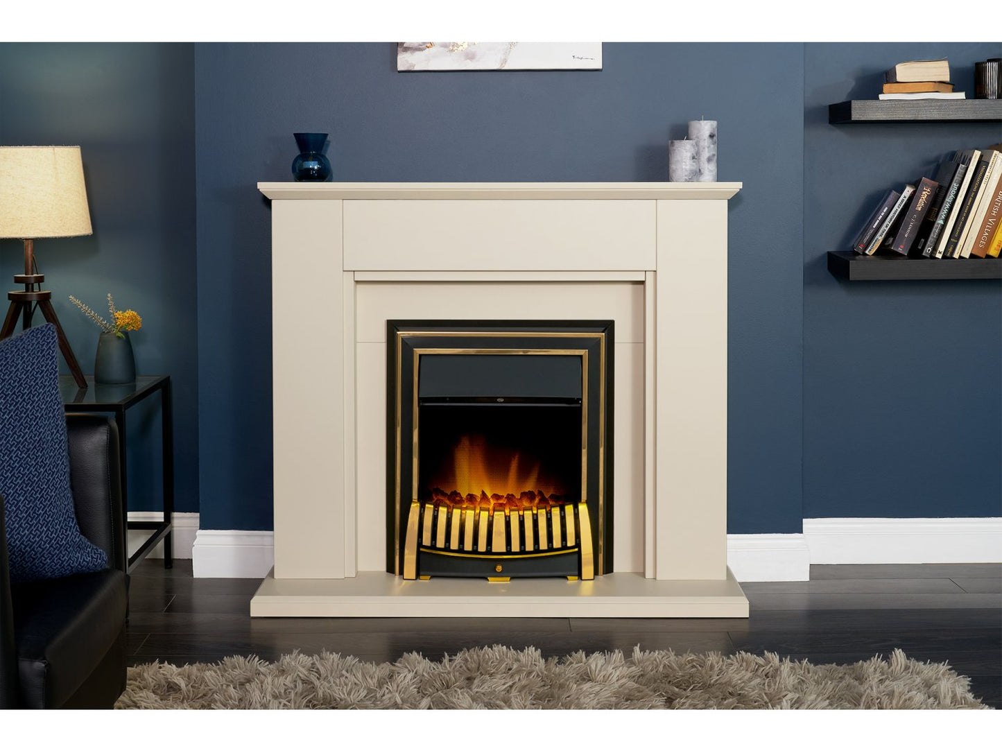 Adam Greenwich Fireplace Stone Effect + Elan Electric Fire Brass, 45"