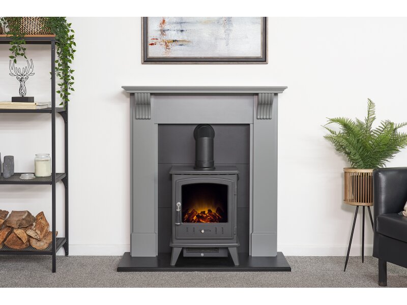 Adam Harrogate Stove Fireplace in Grey & Black w Aviemore Electric Stove in Black, 39"
