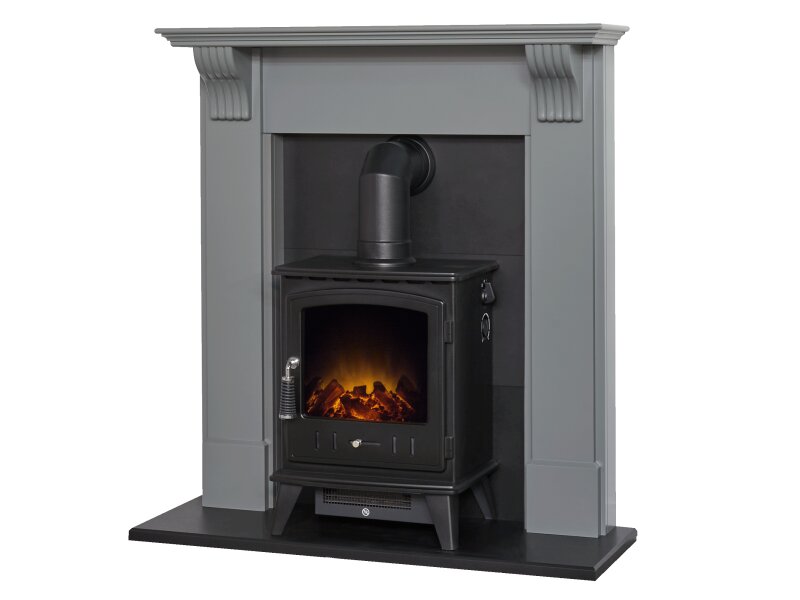 Adam Harrogate Stove Fireplace in Grey & Black w Aviemore Electric Stove in Black, 39"