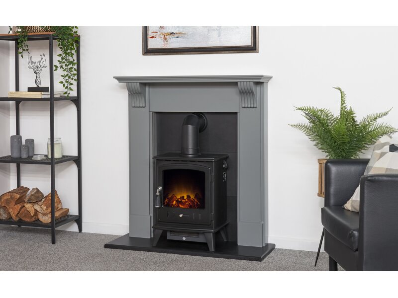 Adam Harrogate Stove Fireplace in Grey & Black w Aviemore Electric Stove in Black, 39"