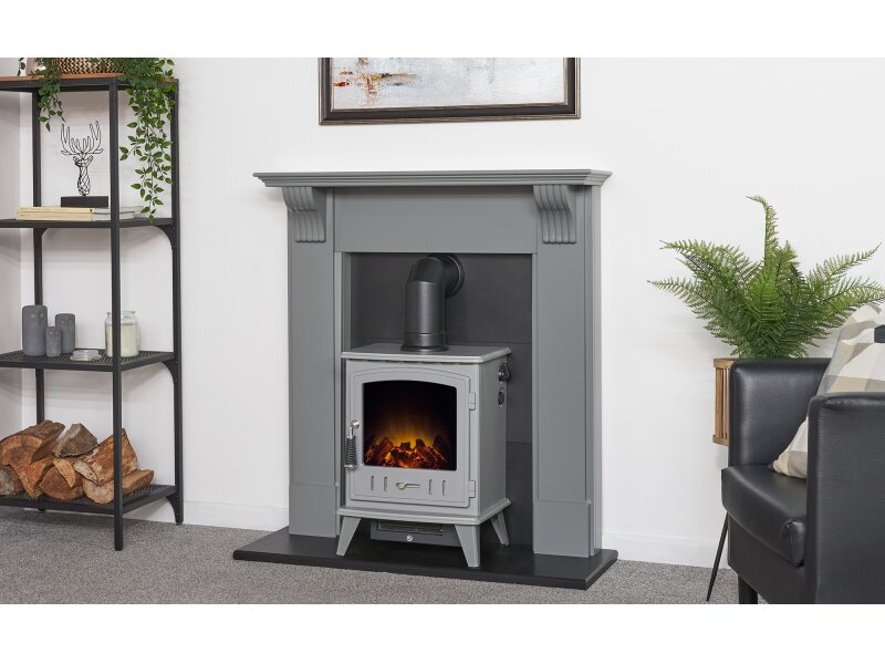 Adam Harrogate Stove Fireplace in Grey & Black w Aviemore Electric Stove in Grey, 39"