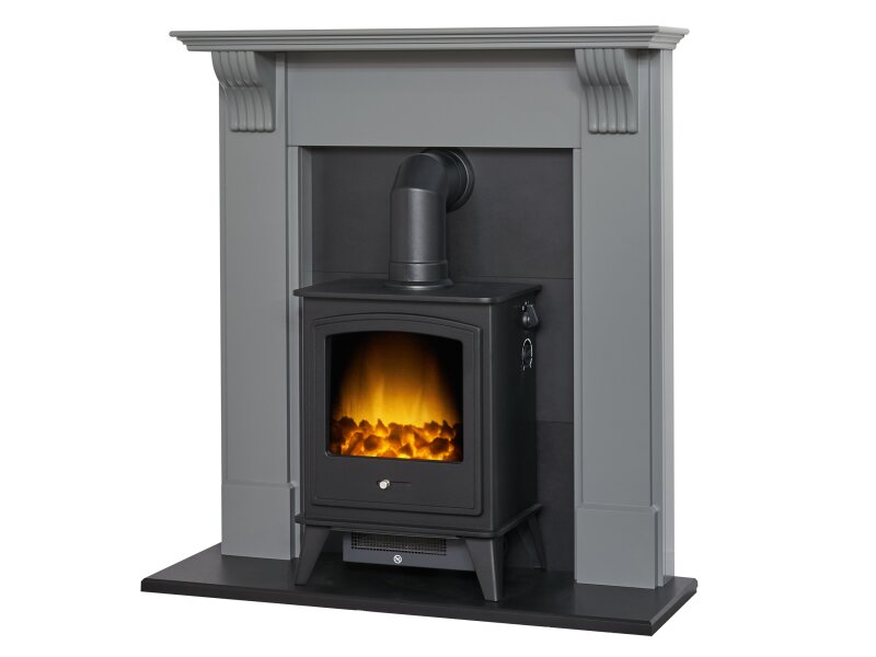 Adam Harrogate Stove Fireplace in Grey & Black w Dorset Electric Stove in Black, 39"