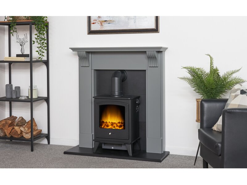 Adam Harrogate Stove Fireplace in Grey & Black w Dorset Electric Stove in Black, 39"
