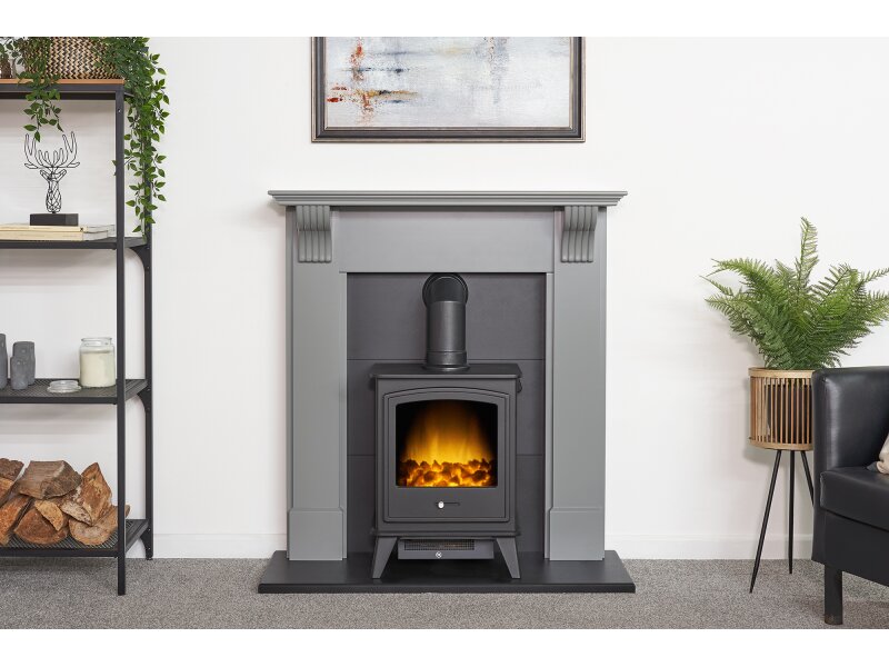 Adam Harrogate Stove Fireplace in Grey & Black w Dorset Electric Stove in Black, 39"