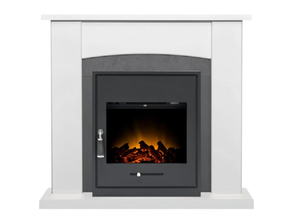 Adam Holden Fireplace in Pure White & Grey/White with Oslo Electric Inset Stove in Black, 39 Inch