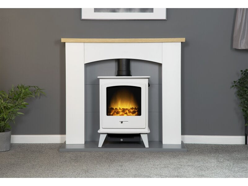 Adam Huxley in Pure White & Grey with Dorset Electric Stove in White, 39 Inch