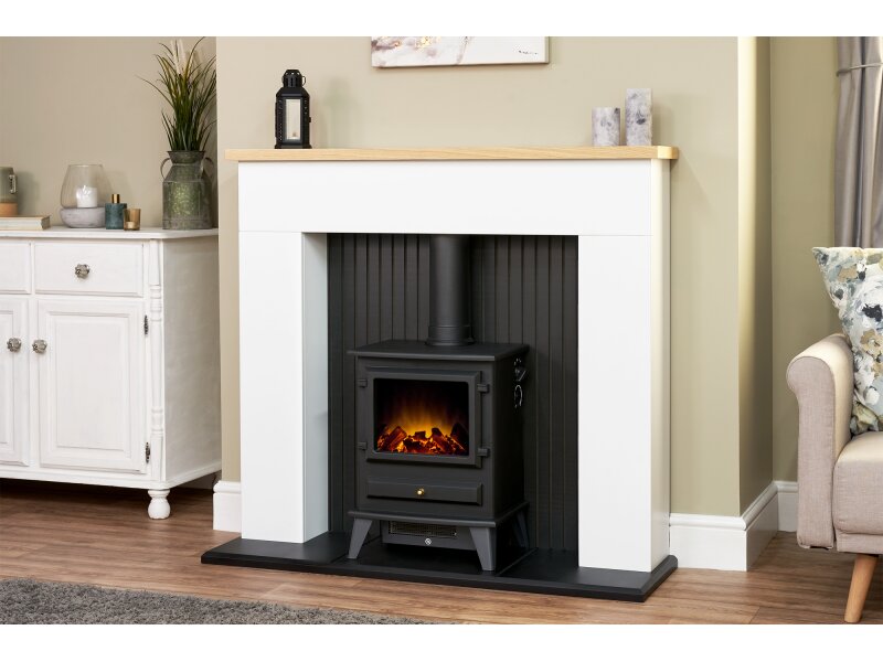 Adam Innsbruck Stove Fireplace in Pure White with Hudson Electric Stove in Black, 45 Inch
