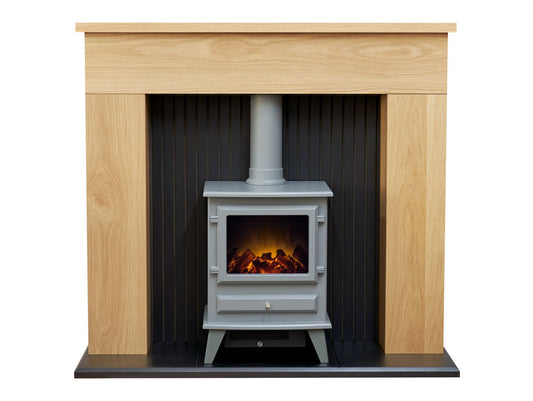 Adam Innsbruck Stove Fireplace in Oak with Hudson Electric Stove in Grey, 48 Inch