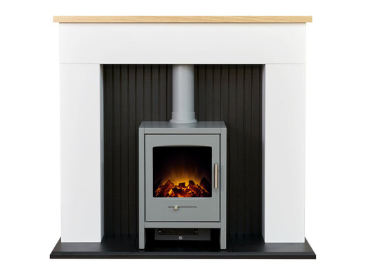 Adam Innsbruck Stove Fireplace in Pure White with Bergen Electric Stove in Grey, 48 Inch