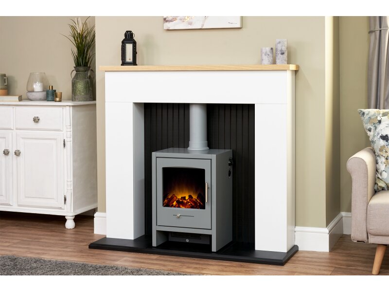 Adam Innsbruck Stove Fireplace in Pure White with Bergen Electric Stove in Grey, 45 Inch