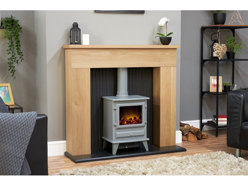 Adam Innsbruck Stove Fireplace in Oak with Hudson Electric Stove in Grey, 45 Inch