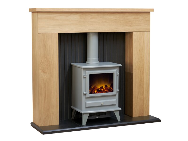 Adam Innsbruck Stove Fireplace in Oak with Hudson Electric Stove in Grey, 45 Inch