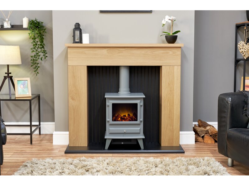 Adam Innsbruck Stove Fireplace in Oak with Hudson Electric Stove in Grey, 45 Inch