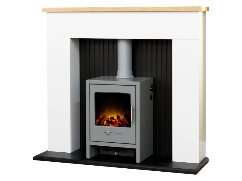 Adam Innsbruck Stove Fireplace in Pure White with Bergen Electric Stove in Grey, 45 Inch