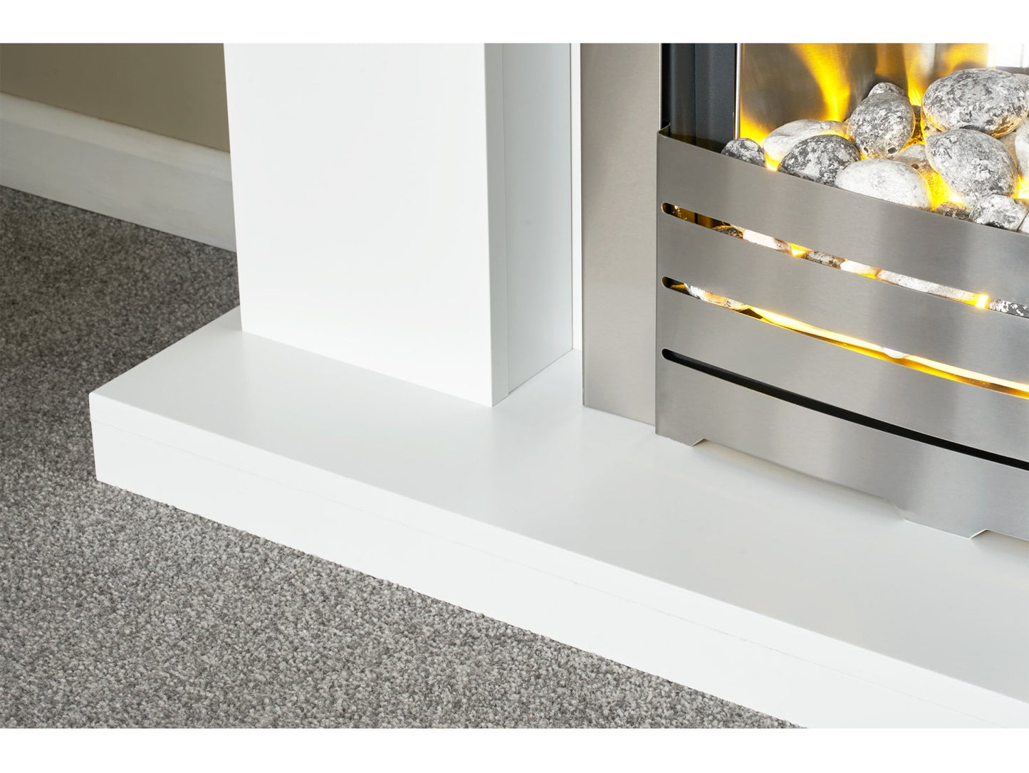 Adam Lomond Fireplace Suite Pure White + Helios Electric Fire Brushed Steel, 39"