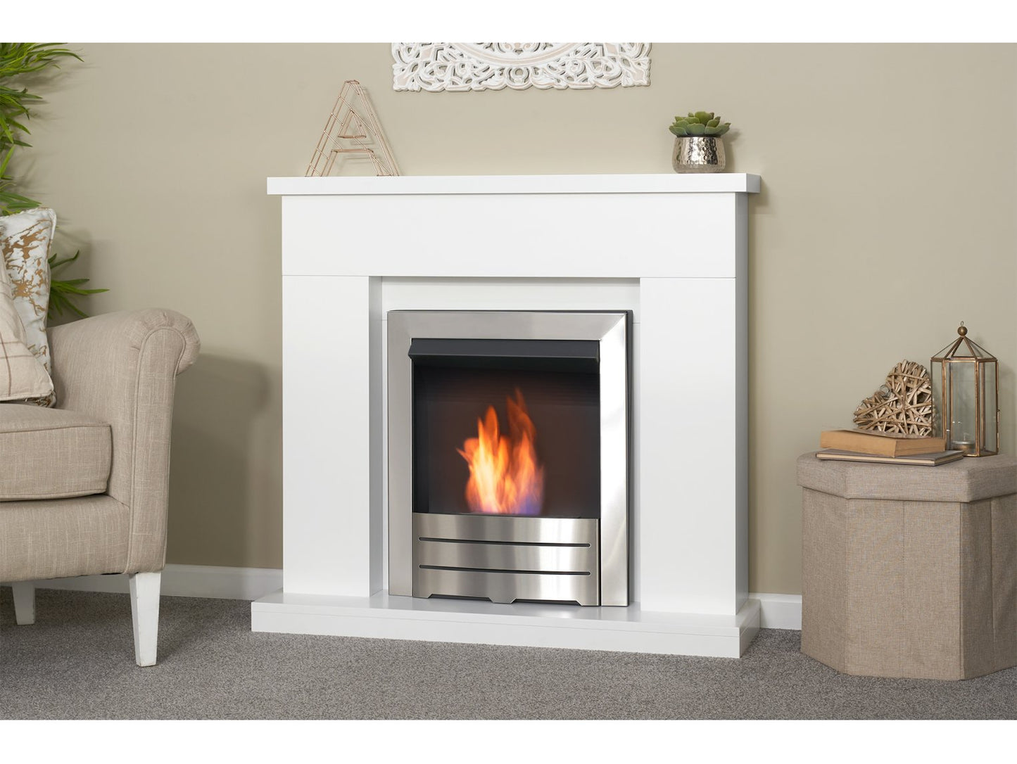 Adam Lomond Fireplace Suite Pure White + Colorado Bio Ethanol Fire Brushed Steel, 39"